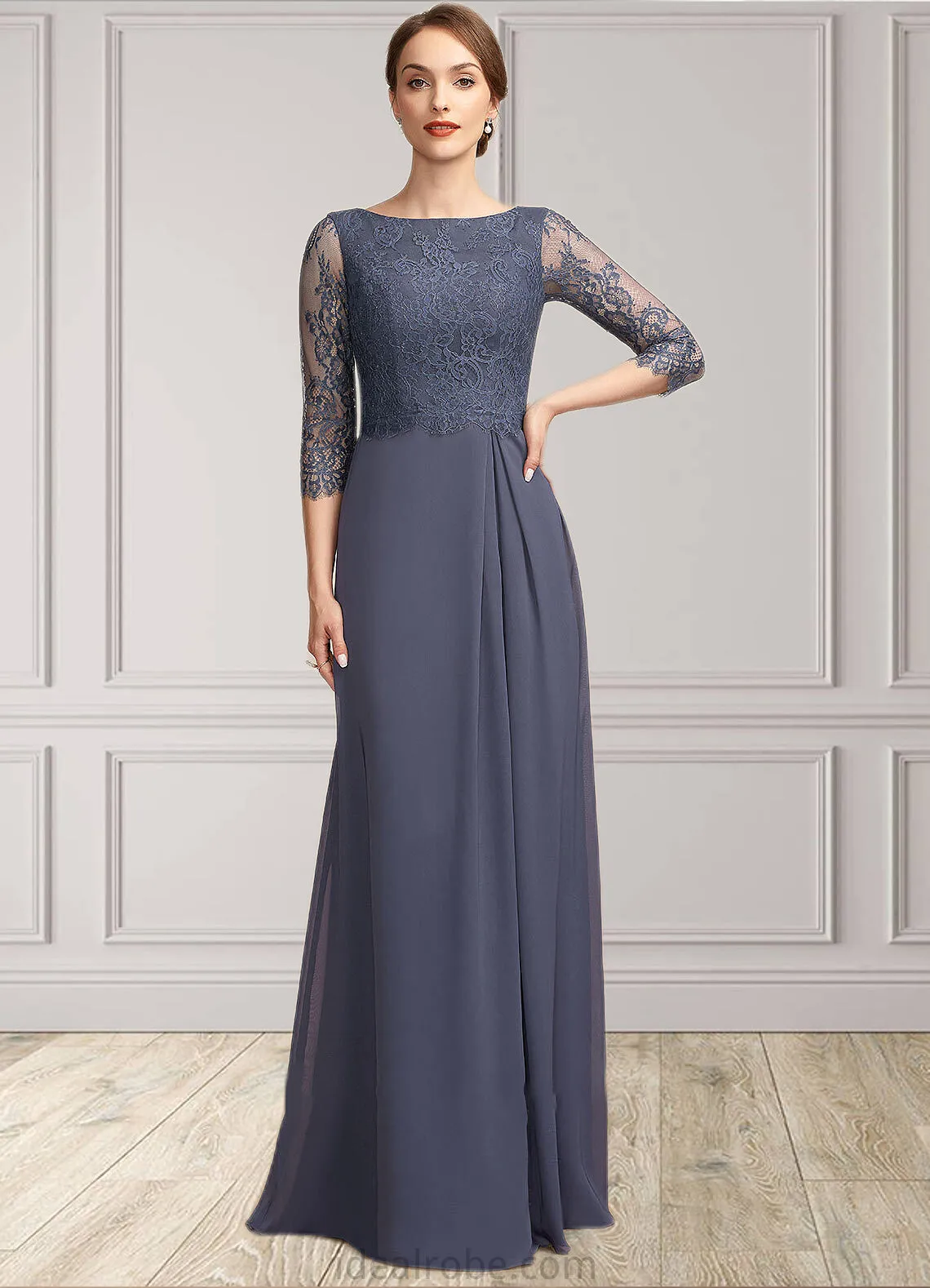 Georgia A-Line Scoop Neck Floor-Length Chiffon Lace Mother of the Bride Dress With Ruffle STK126P0014917