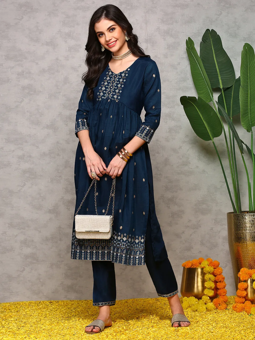 ISHIN Women Ethnic Motifs Embroidered Pleated Kurta with Trousers