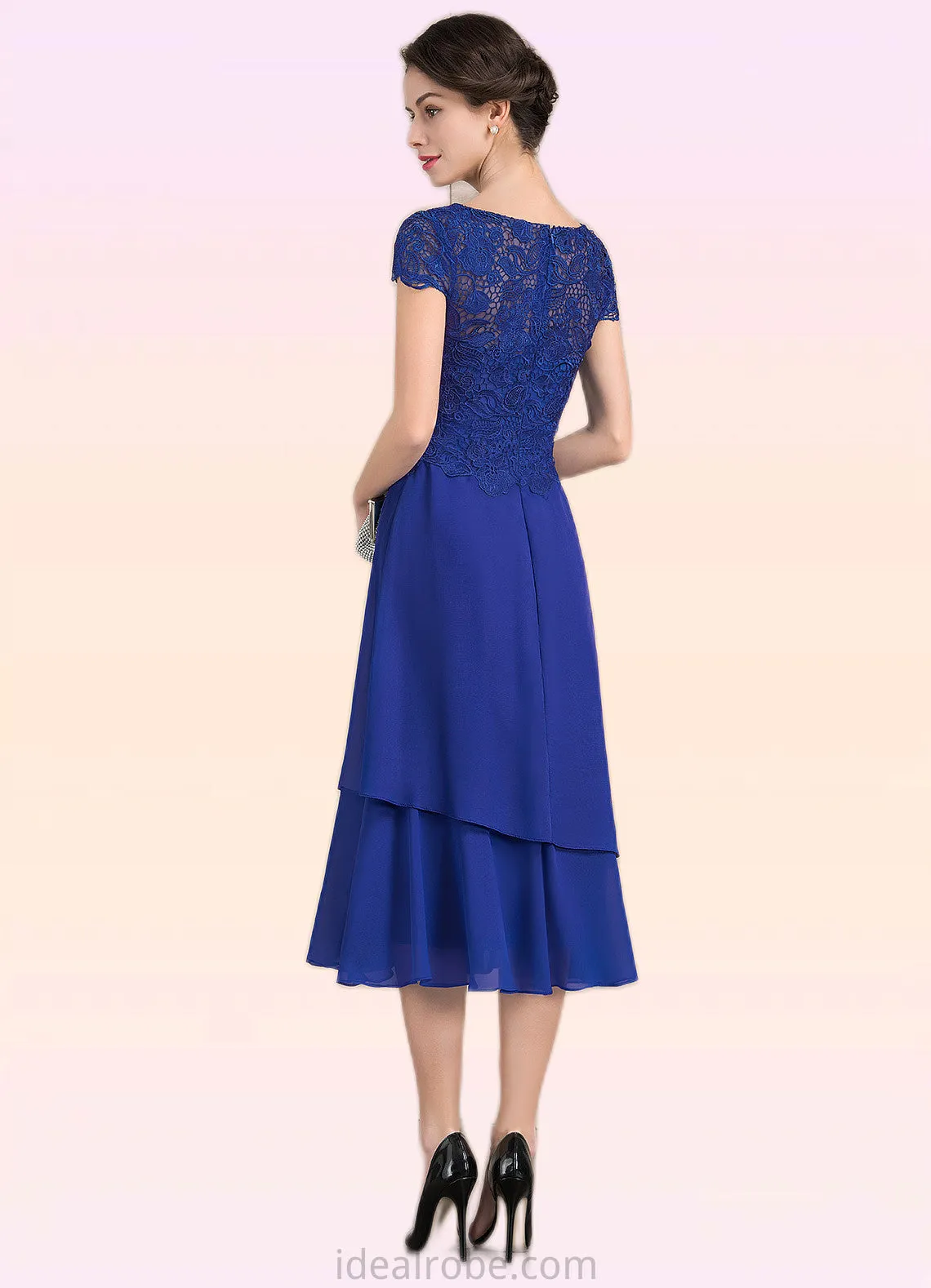 Joslyn A-Line Scoop Neck Tea-Length Chiffon Lace Mother of the Bride Dress STK126P0014685