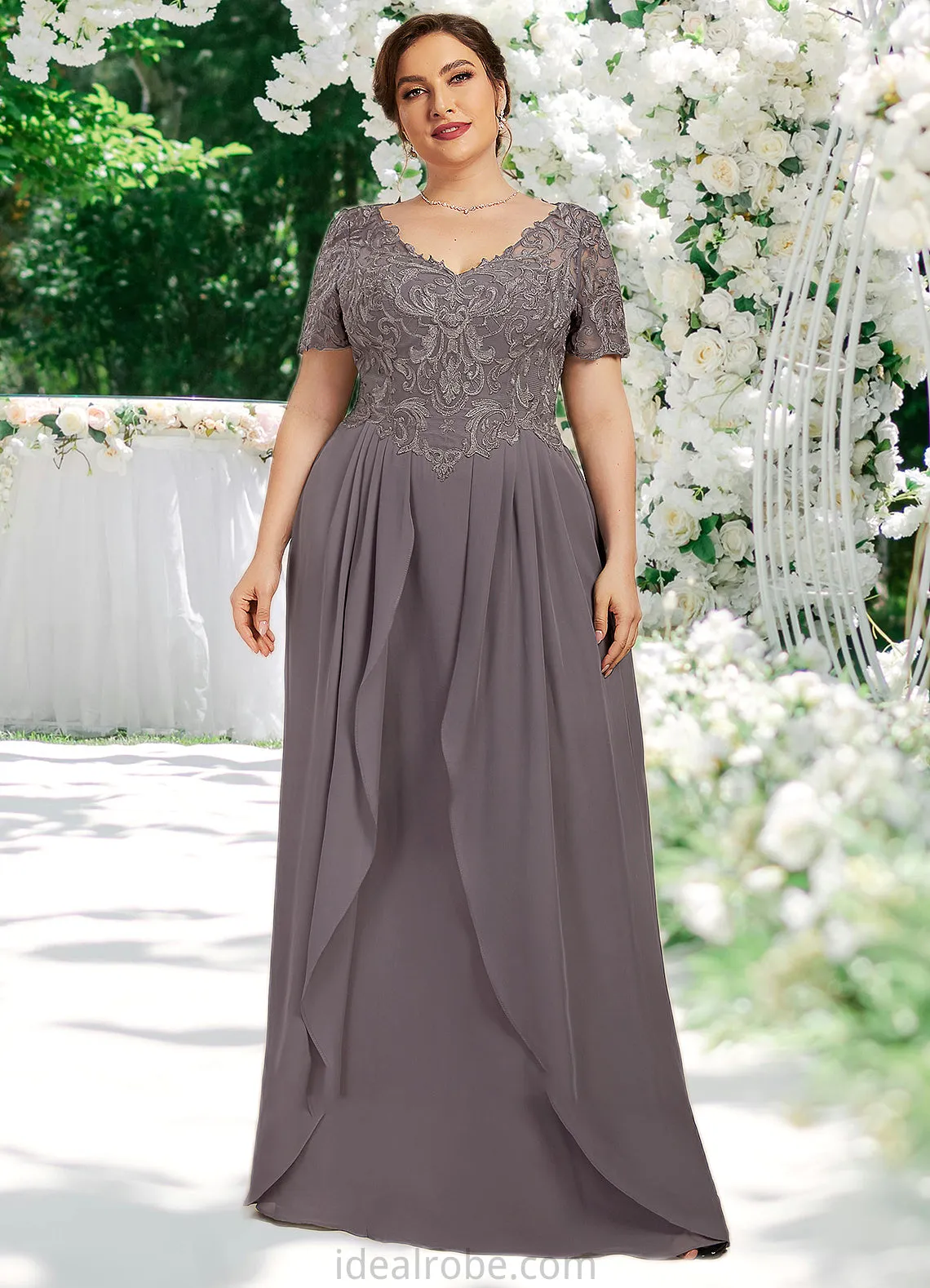 Lily A-line V-Neck Floor-Length Chiffon Lace Mother of the Bride Dress STK126P0014532