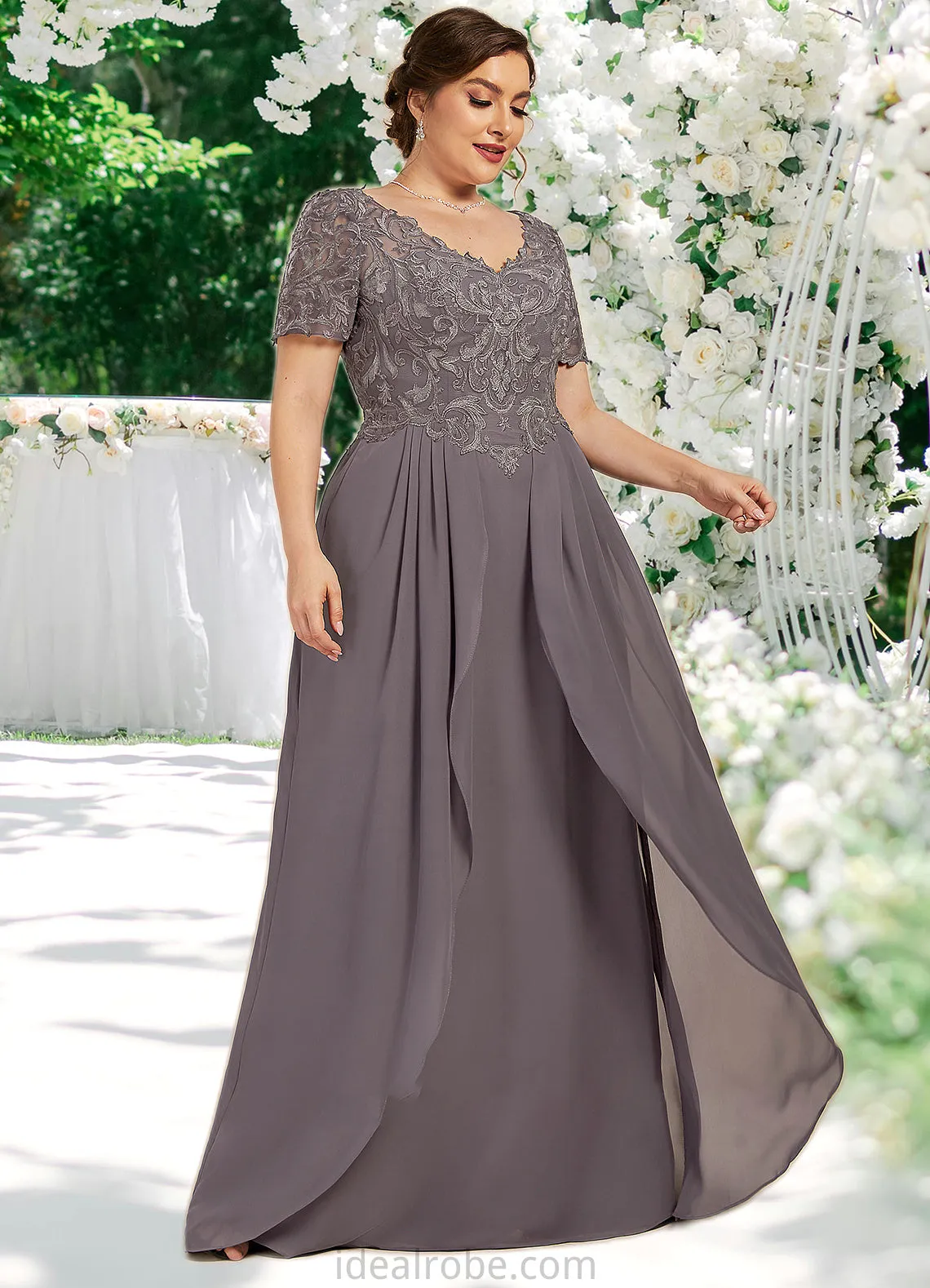 Lily A-line V-Neck Floor-Length Chiffon Lace Mother of the Bride Dress STK126P0014532