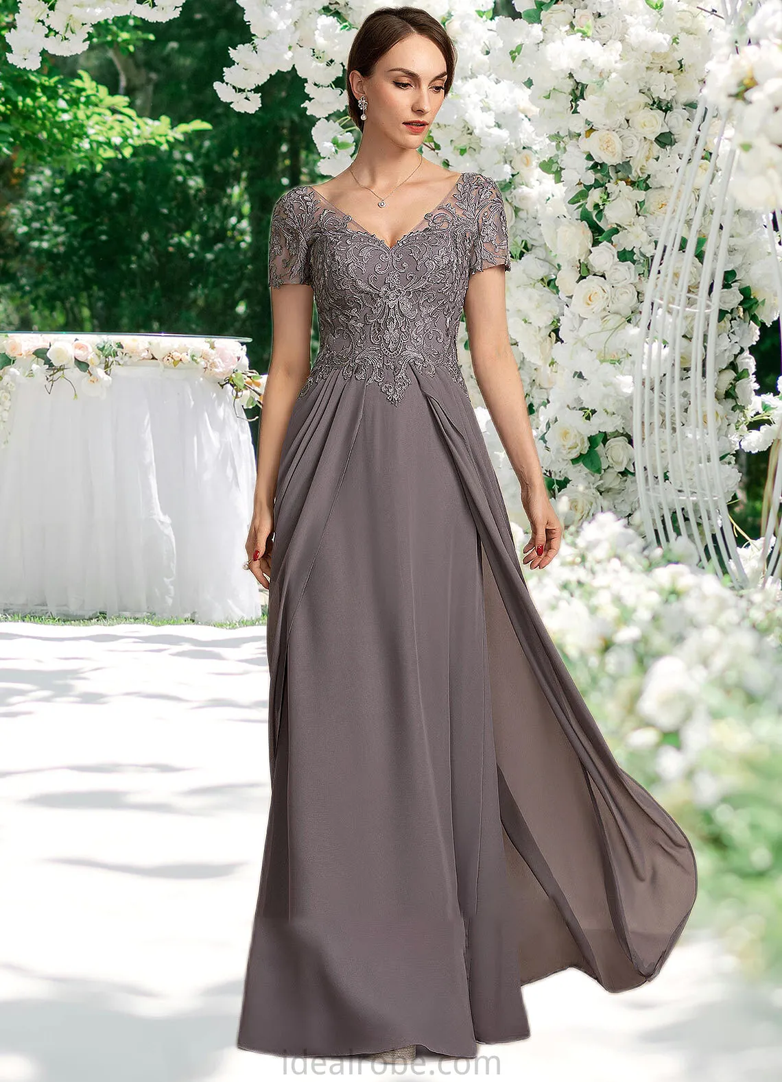 Lily A-line V-Neck Floor-Length Chiffon Lace Mother of the Bride Dress STK126P0014532