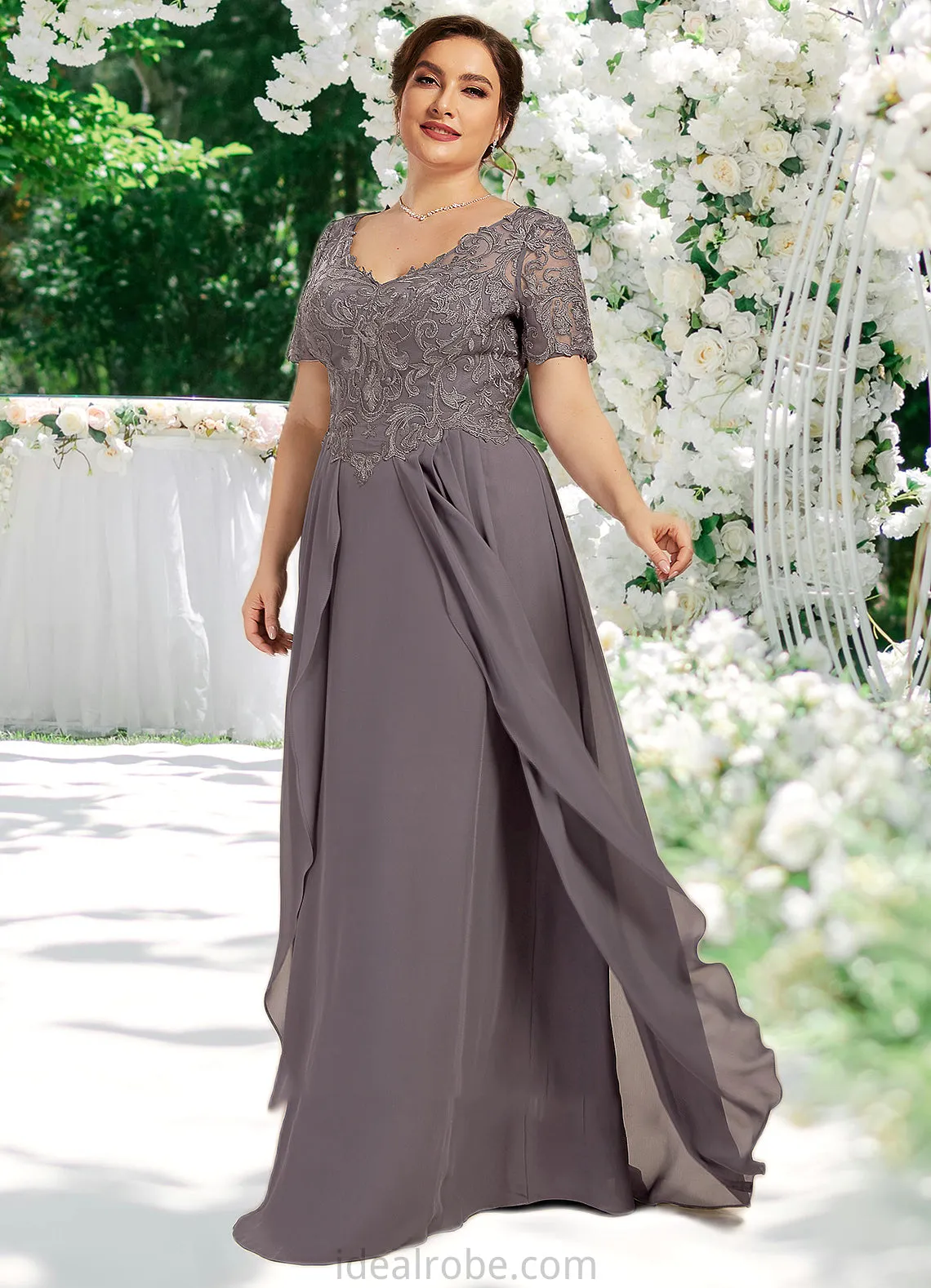 Lily A-line V-Neck Floor-Length Chiffon Lace Mother of the Bride Dress STK126P0014532