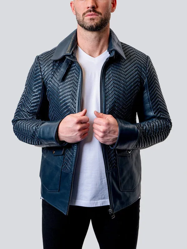 Blue Leather Tresser Jacket by Maceoo