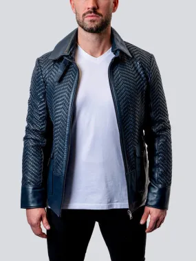 Blue Leather Tresser Jacket by Maceoo