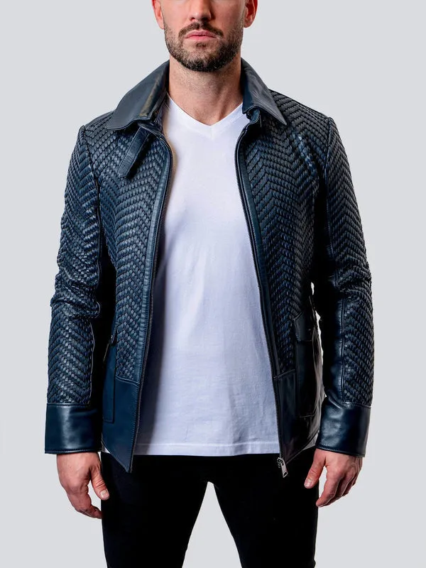 Blue Leather Tresser Jacket by Maceoo