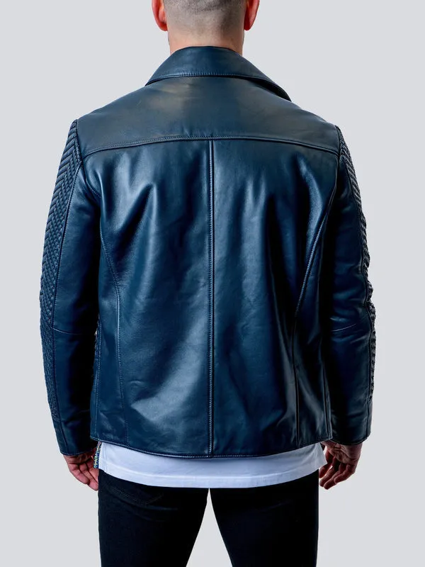 Blue Leather Tresser Jacket by Maceoo