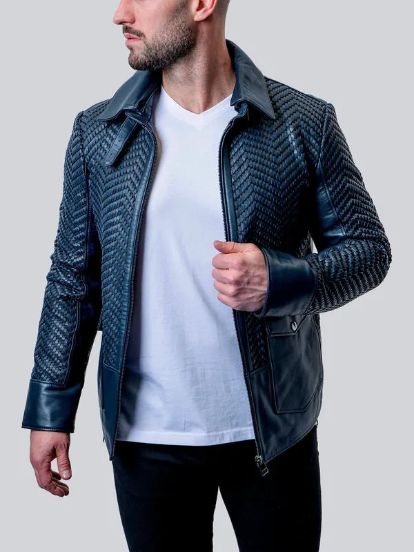 Blue Leather Tresser Jacket by Maceoo