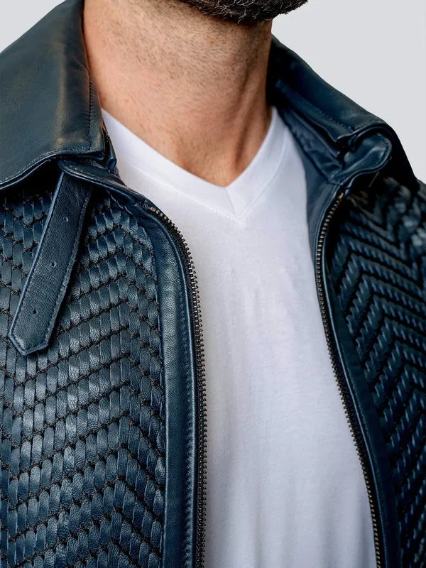 Blue Leather Tresser Jacket by Maceoo