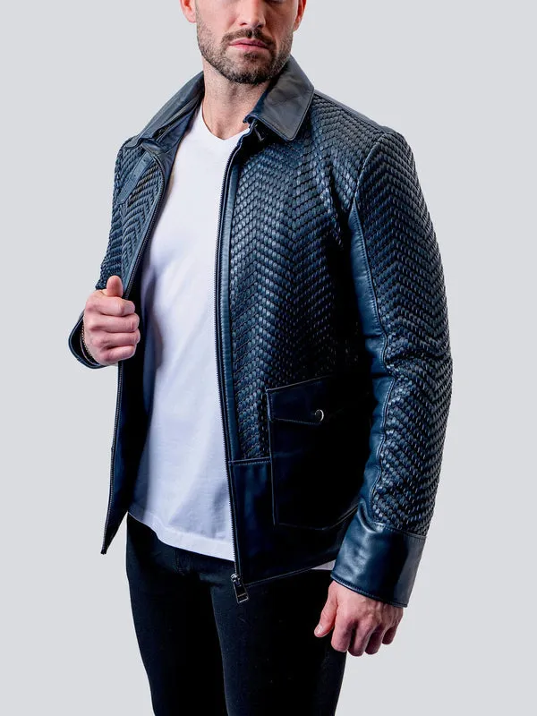 Blue Leather Tresser Jacket by Maceoo