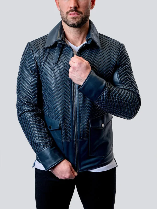 Blue Leather Tresser Jacket by Maceoo