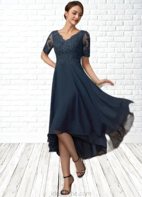 Melissa A-line V-Neck Asymmetrical Chiffon Lace Mother of the Bride Dress With Sequins STK126P0014686