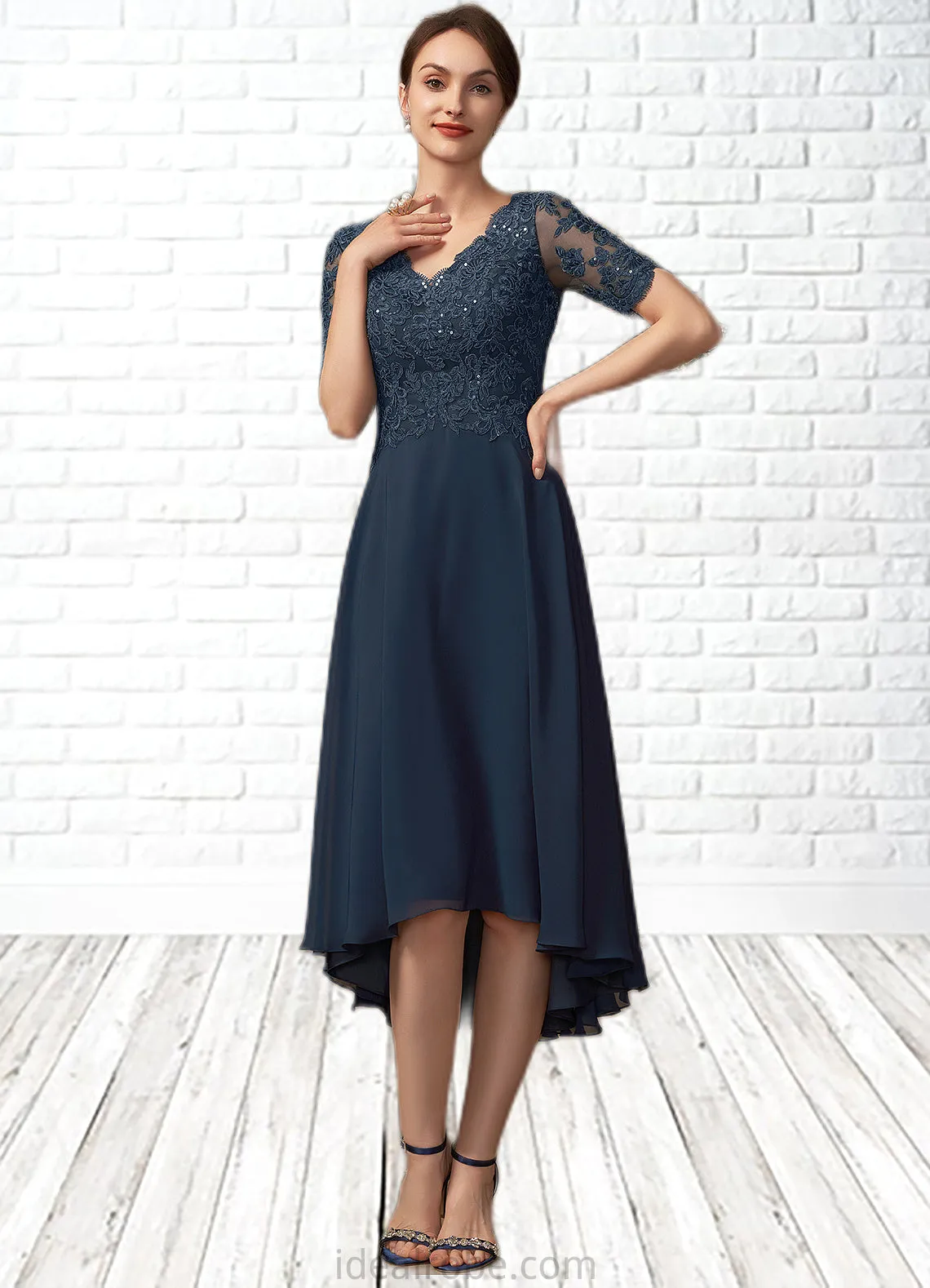 Melissa A-line V-Neck Asymmetrical Chiffon Lace Mother of the Bride Dress With Sequins STK126P0014686