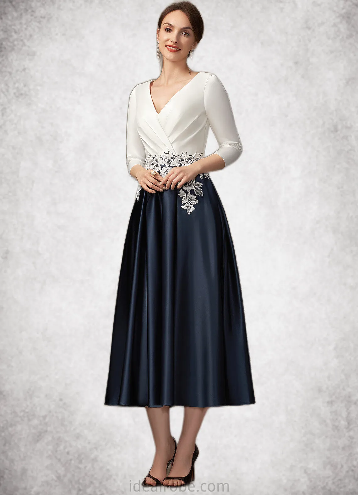 Mia A-Line V-neck Tea-Length Satin Mother of the Bride Dress With Ruffle Appliques Lace Pockets STK126P0014778