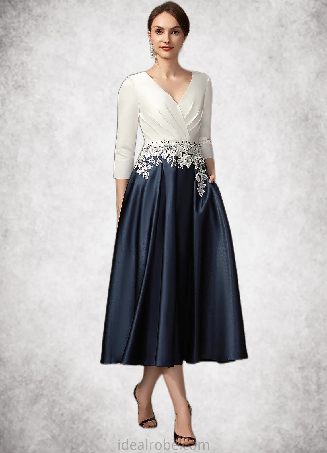 Mia A-Line V-neck Tea-Length Satin Mother of the Bride Dress With Ruffle Appliques Lace Pockets STK126P0014778