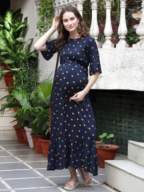 Navy Blue Polka Dot Print Maternity and Nursing Maxi Dress