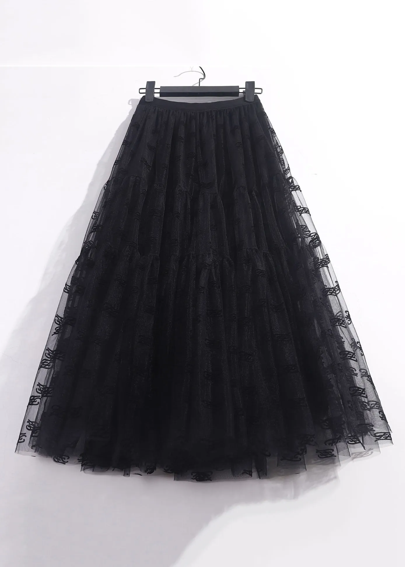 New Black Solid Pleated Tulle Skirt High Waist AS1080