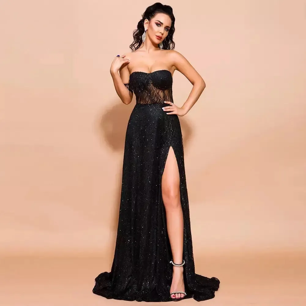 Off Shoulder Glitter High Split Backless  Dress