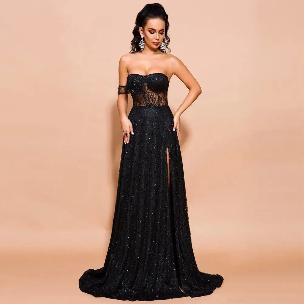 Off Shoulder Glitter High Split Backless  Dress