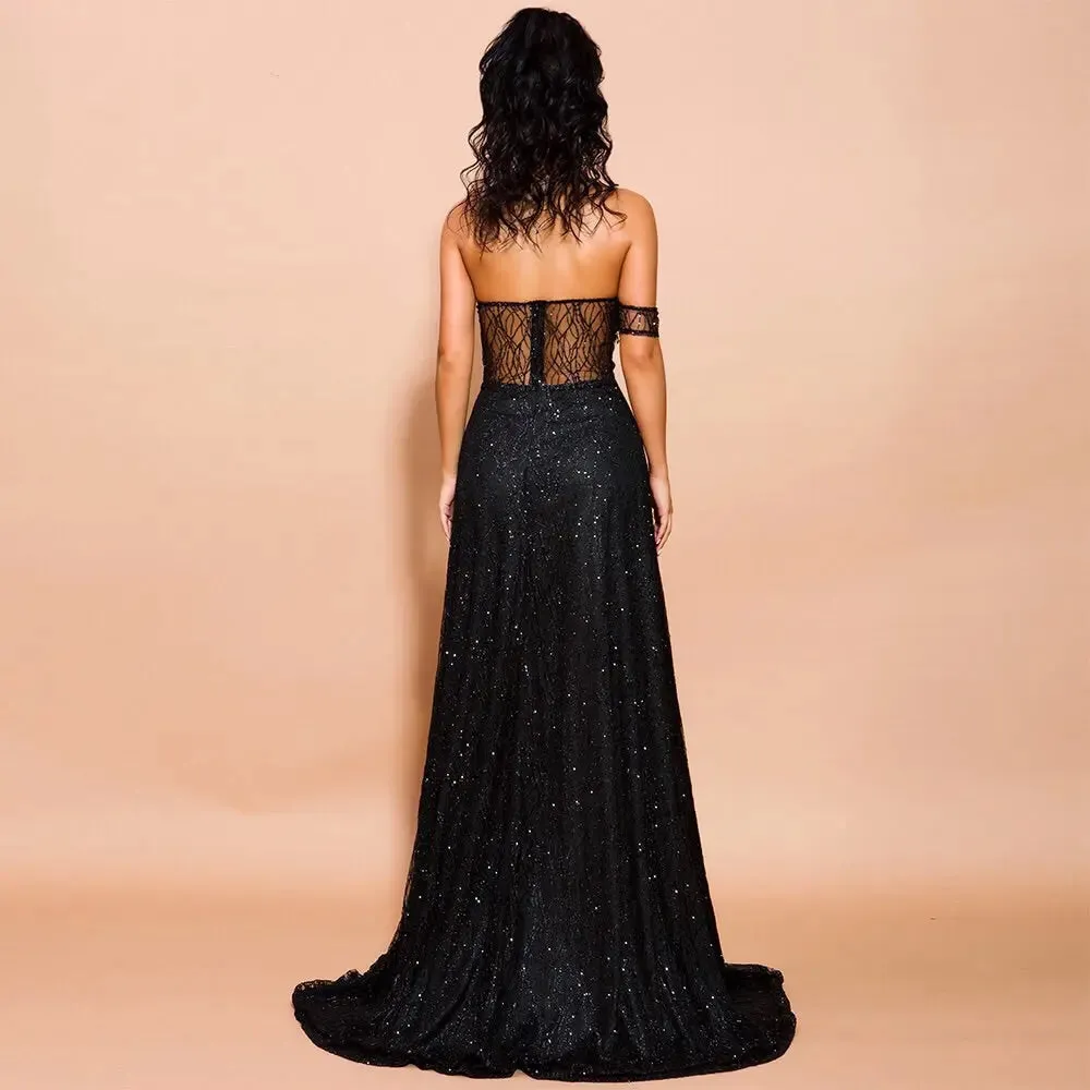 Off Shoulder Glitter High Split Backless  Dress