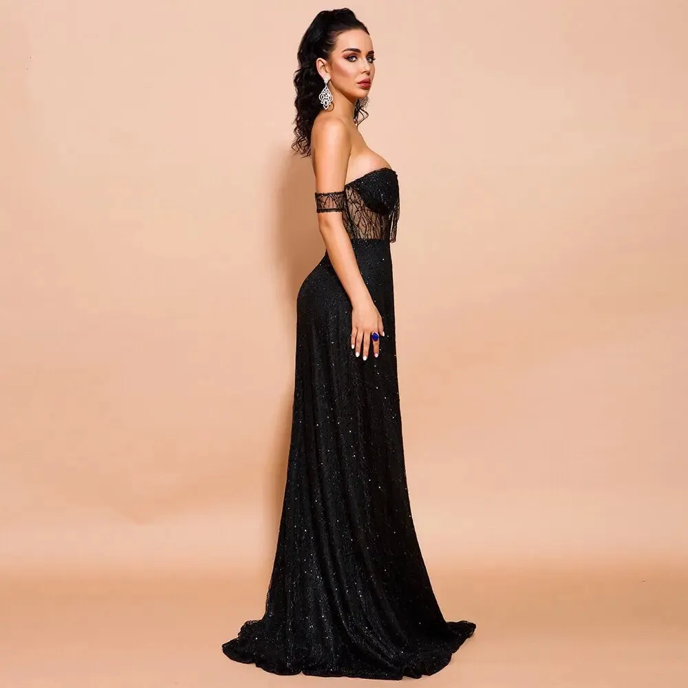 Off Shoulder Glitter High Split Backless  Dress