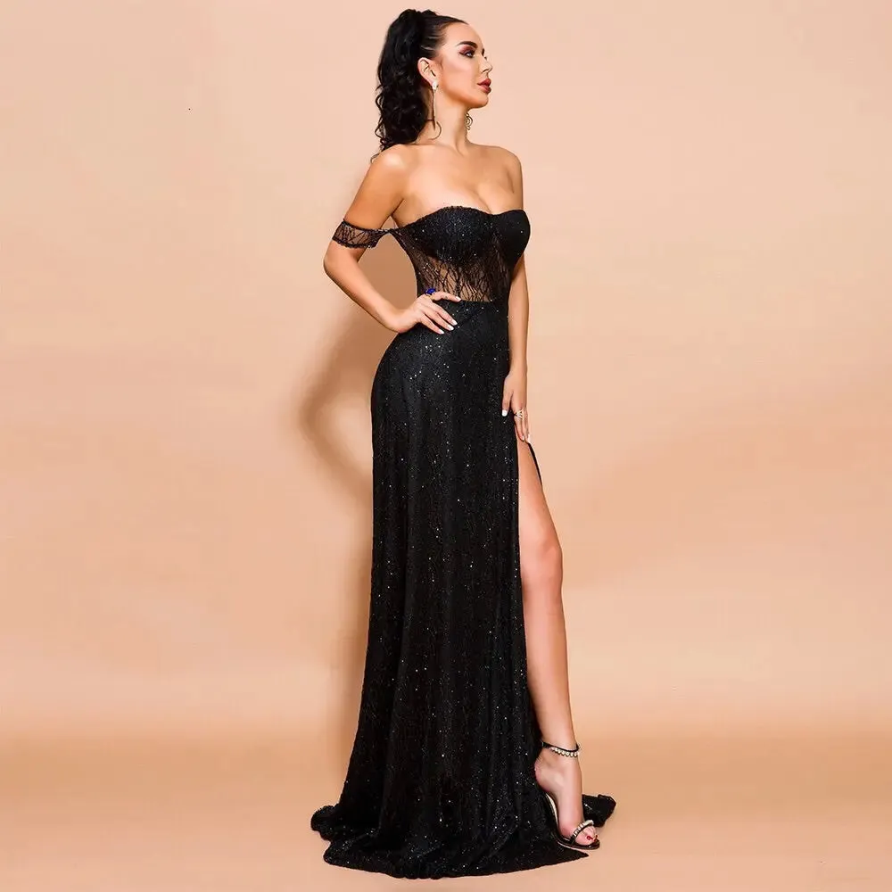 Off Shoulder Glitter High Split Backless  Dress