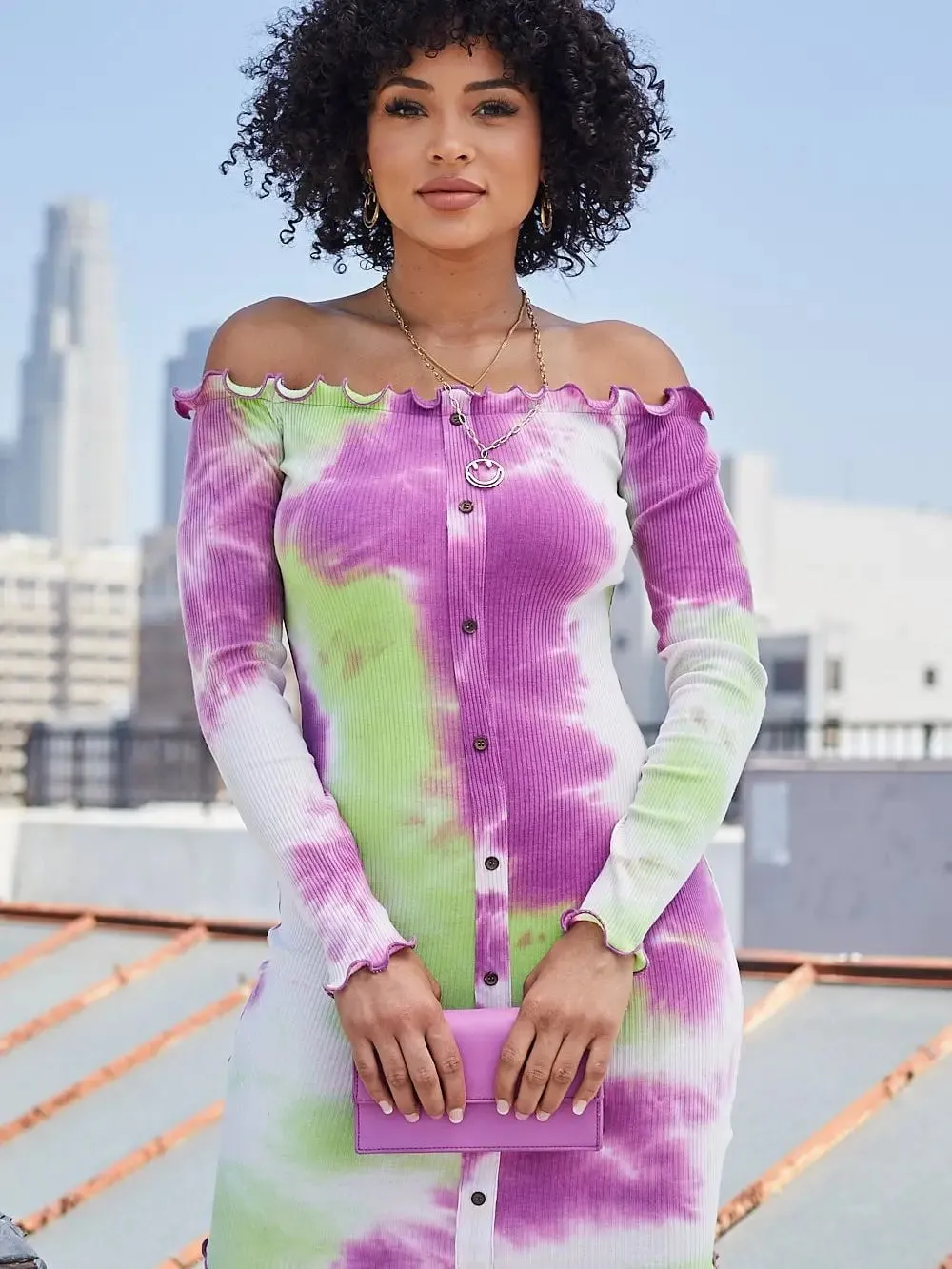 Off Shoulder Rib Knit Tie-Dye Mini Dress-Purple