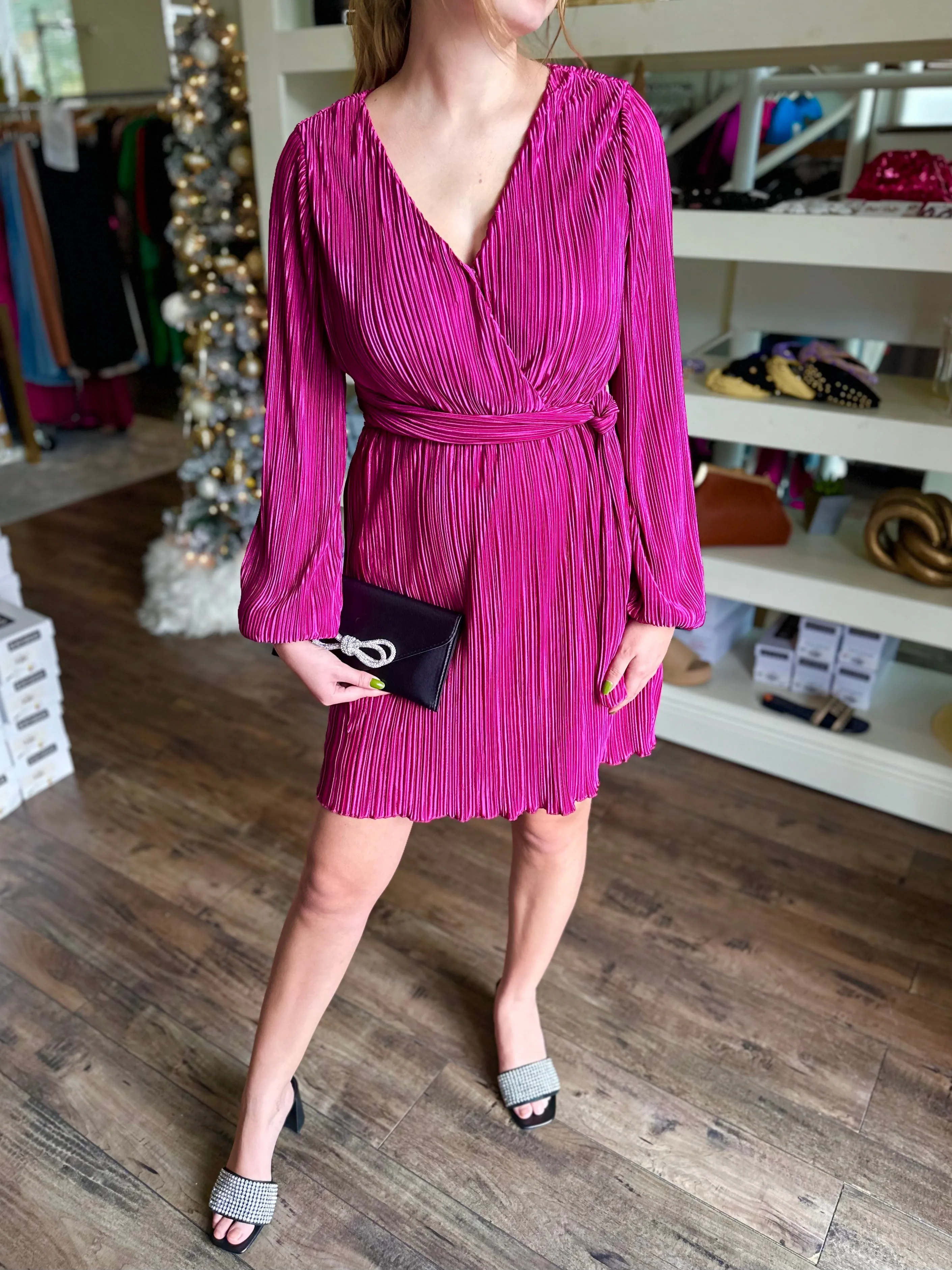 Pleated Faux Wrap Dress