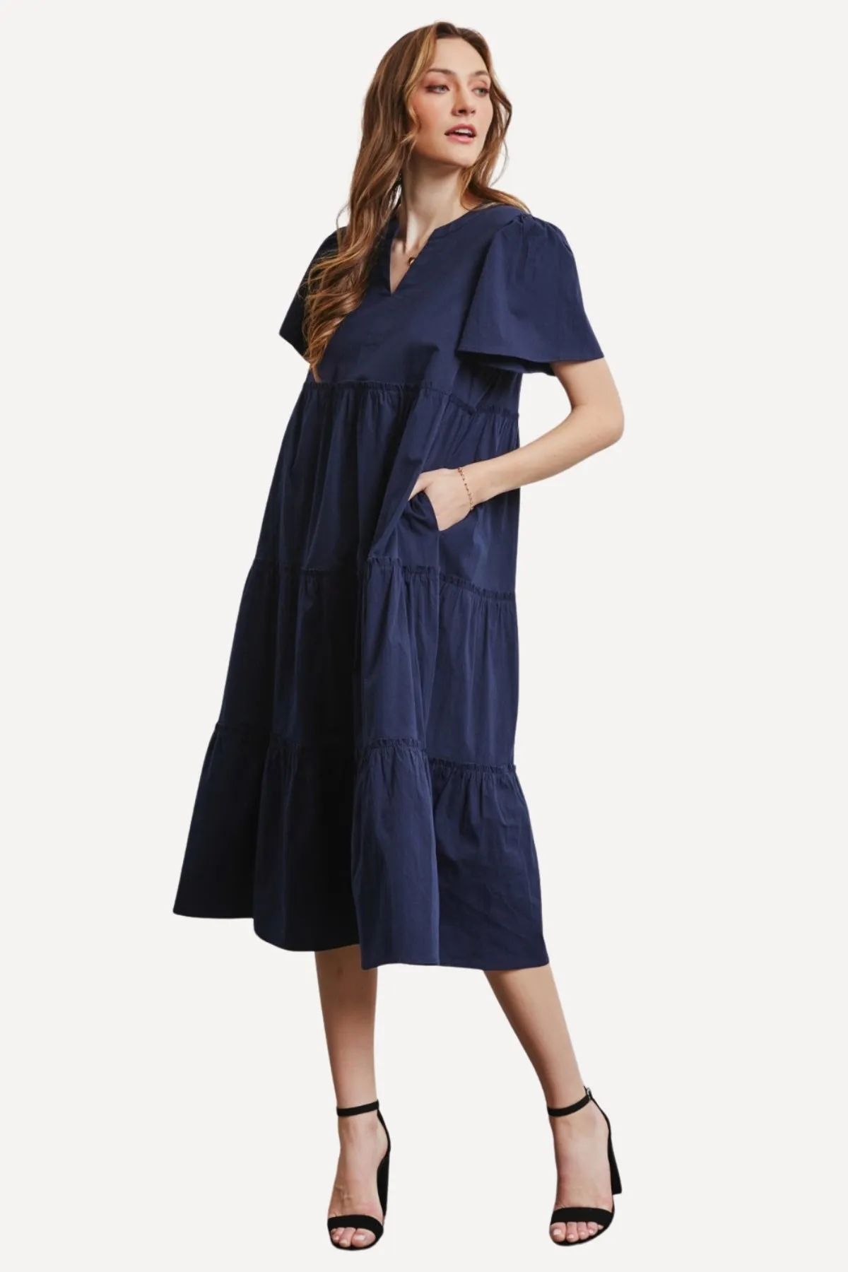 Poplin Tiered Midi Dress - Navy