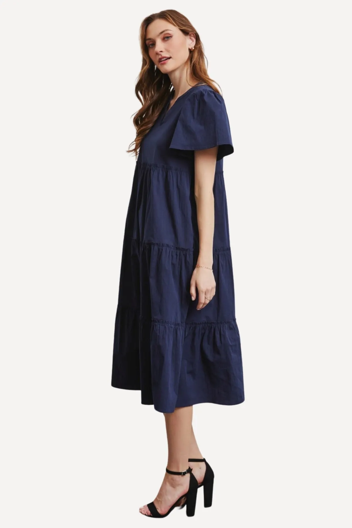 Poplin Tiered Midi Dress - Navy