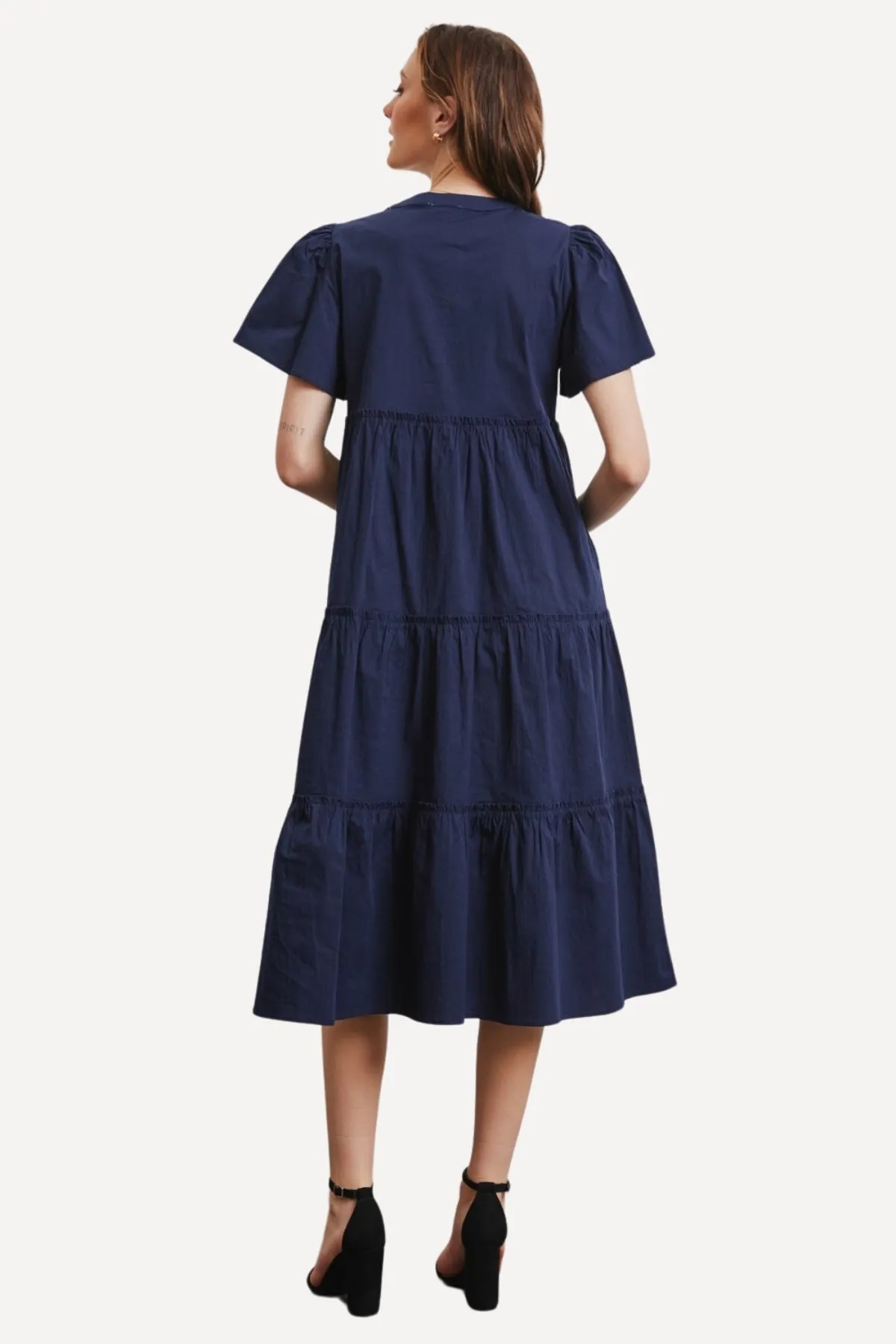 Poplin Tiered Midi Dress - Navy