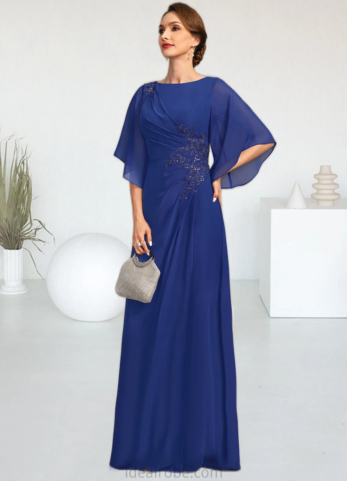 Salome A-line Scoop Floor-Length Chiffon Mother of the Bride Dress With Pleated Appliques Lace Sequins STKP0021831