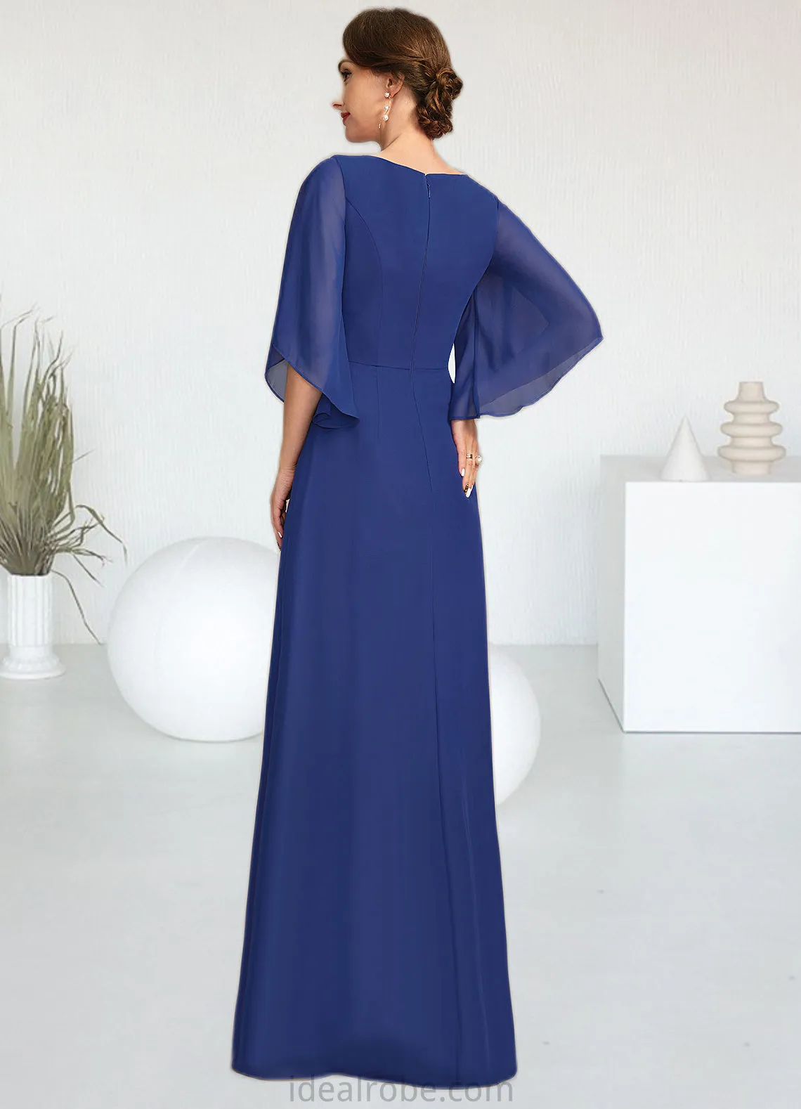 Salome A-line Scoop Floor-Length Chiffon Mother of the Bride Dress With Pleated Appliques Lace Sequins STKP0021831