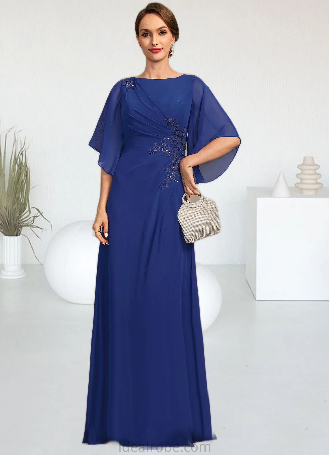 Salome A-line Scoop Floor-Length Chiffon Mother of the Bride Dress With Pleated Appliques Lace Sequins STKP0021831