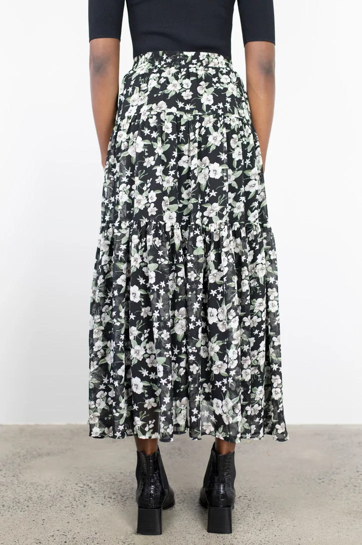 Sensational Garden Midnight Tiered Tie Waist Maxi Skirt