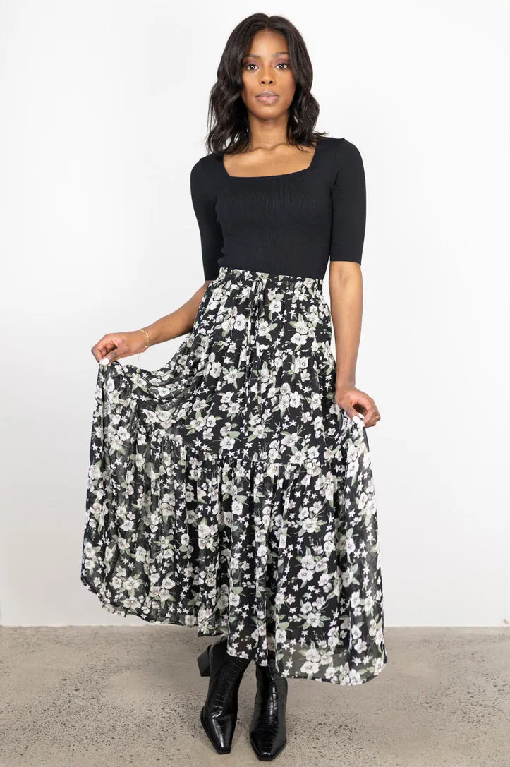 Sensational Garden Midnight Tiered Tie Waist Maxi Skirt