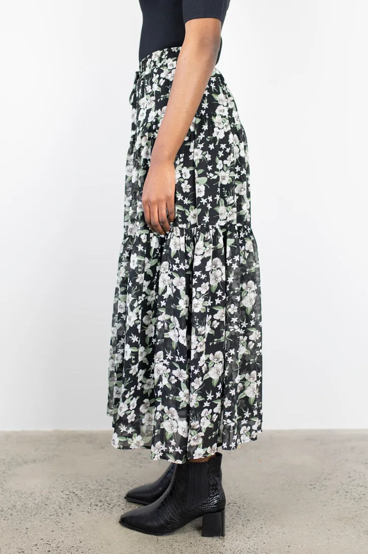 Sensational Garden Midnight Tiered Tie Waist Maxi Skirt