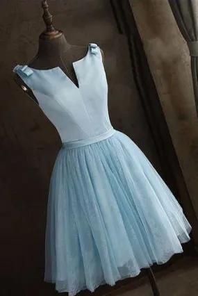 Simple Baby Blue Satin Short V Neck Prom Dress Homecoming Dresses V Neck Bridesmaid Dresses