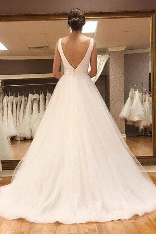 Simple V Neck Open Back White Tulle Long Prom Dresses, V Neck White Wedding Dresses, White Formal Evening Dresses