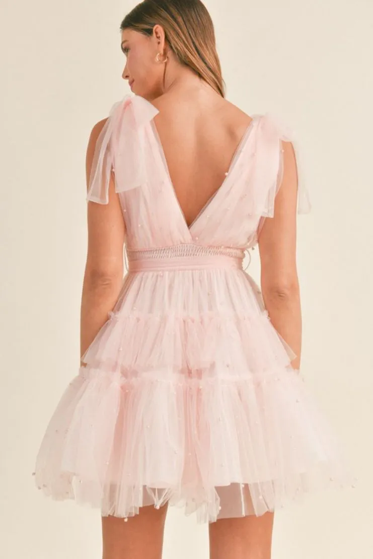 Sophia Pearl Tiered Tulle Mini Dress - Pink