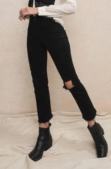 Straight Leg High Rise Distressed Raw Hem Jeans