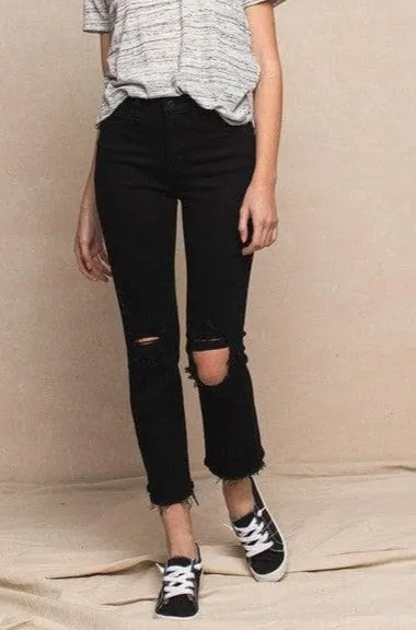 Straight Leg High Rise Distressed Raw Hem Jeans