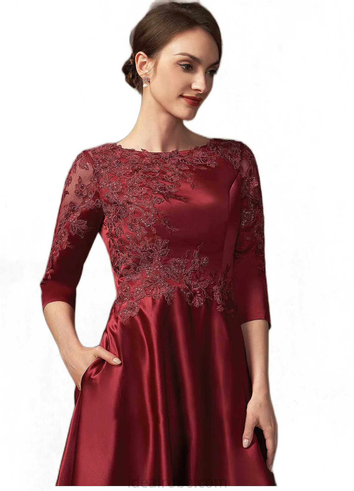 Tia A-Line Scoop Neck Asymmetrical Satin Lace Mother of the Bride Dress With Sequins Pockets STK126P0014962