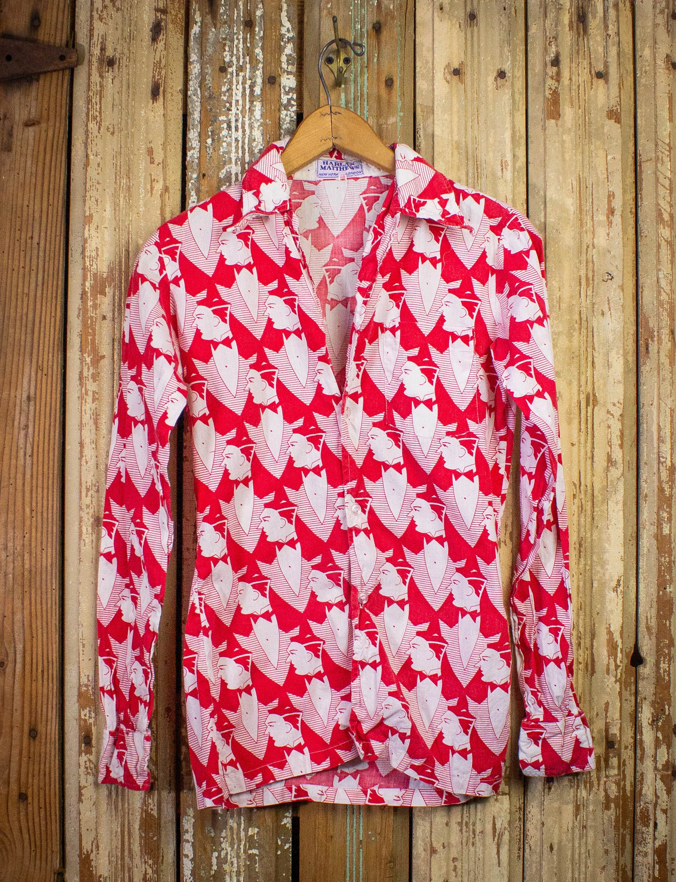 Vintage Harlan Matthews Tuxedo Pattern Button Up Shirt 70s Red/White Small