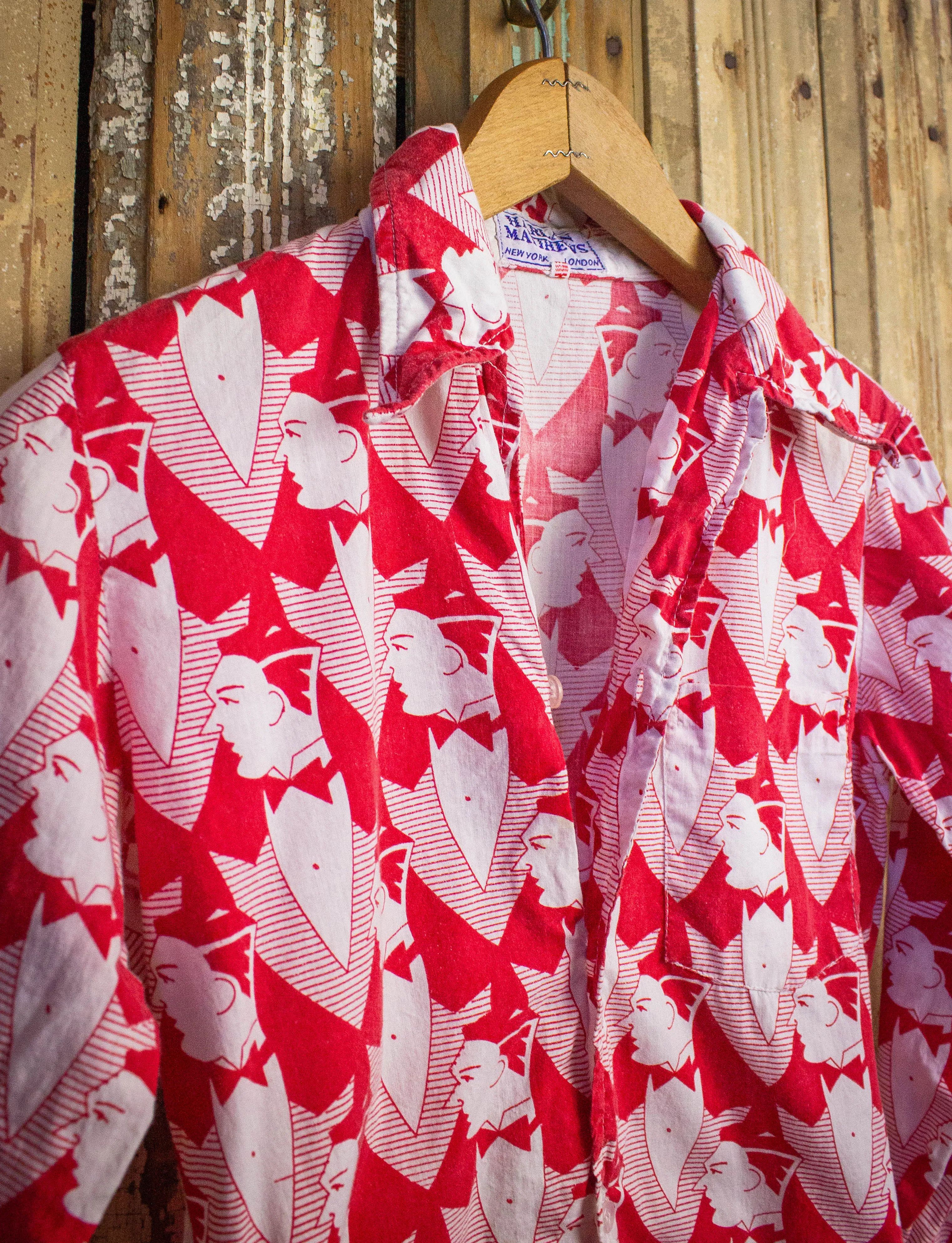 Vintage Harlan Matthews Tuxedo Pattern Button Up Shirt 70s Red/White Small